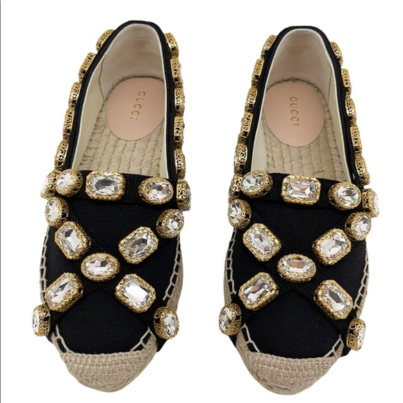 Gucci New Crystals Jewels Black Canvas Espadrilles Sz. US 5.5 - Picture 1 of 16